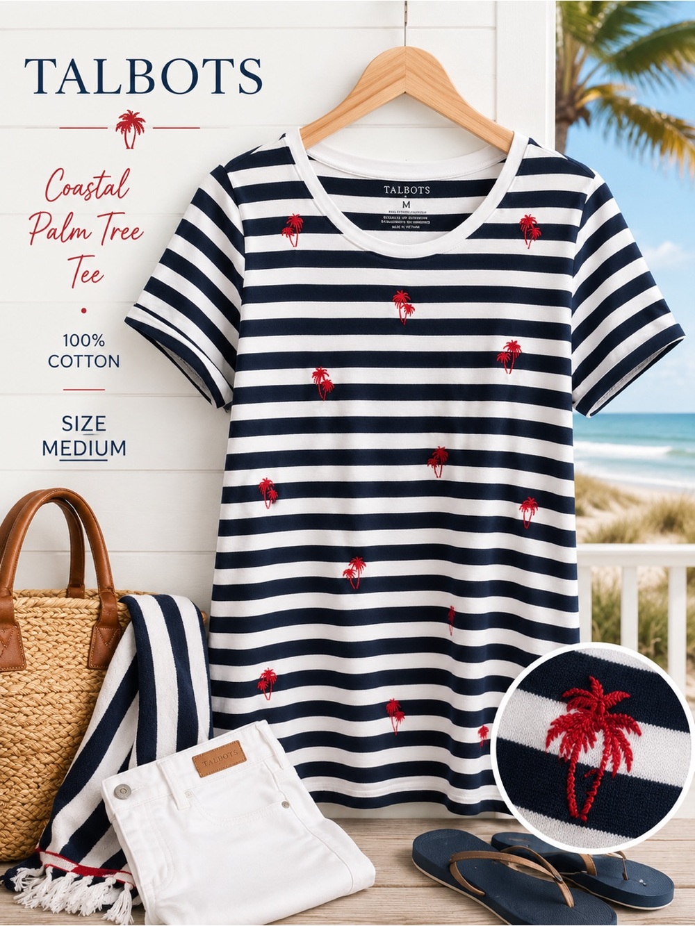 Talbots Palm Tree Embroidered Striped Tee Medium Coastal Resort Top